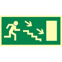 AC018 Kierunek do wyjścia drogi ewakuacyjnej schodami w dół w prawo (znak uzupełniający) 